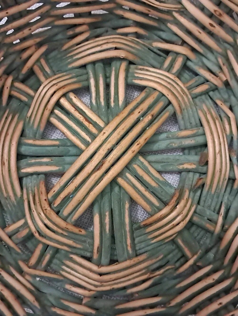 Vintage Large Handwoven Wicker Basket Green & Natural Twisted Handle
